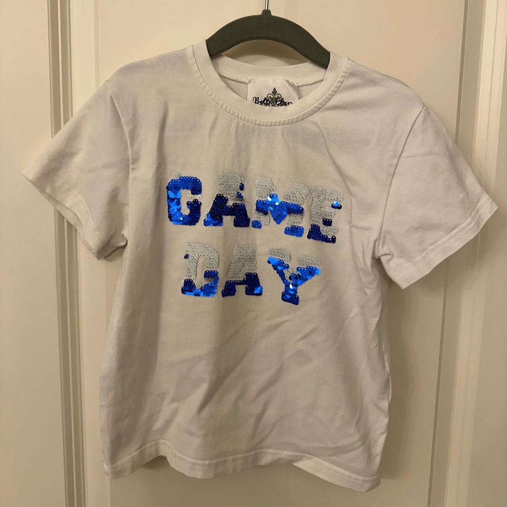4Y White T-Shirt with Blue Sequin 'Game Day' Design